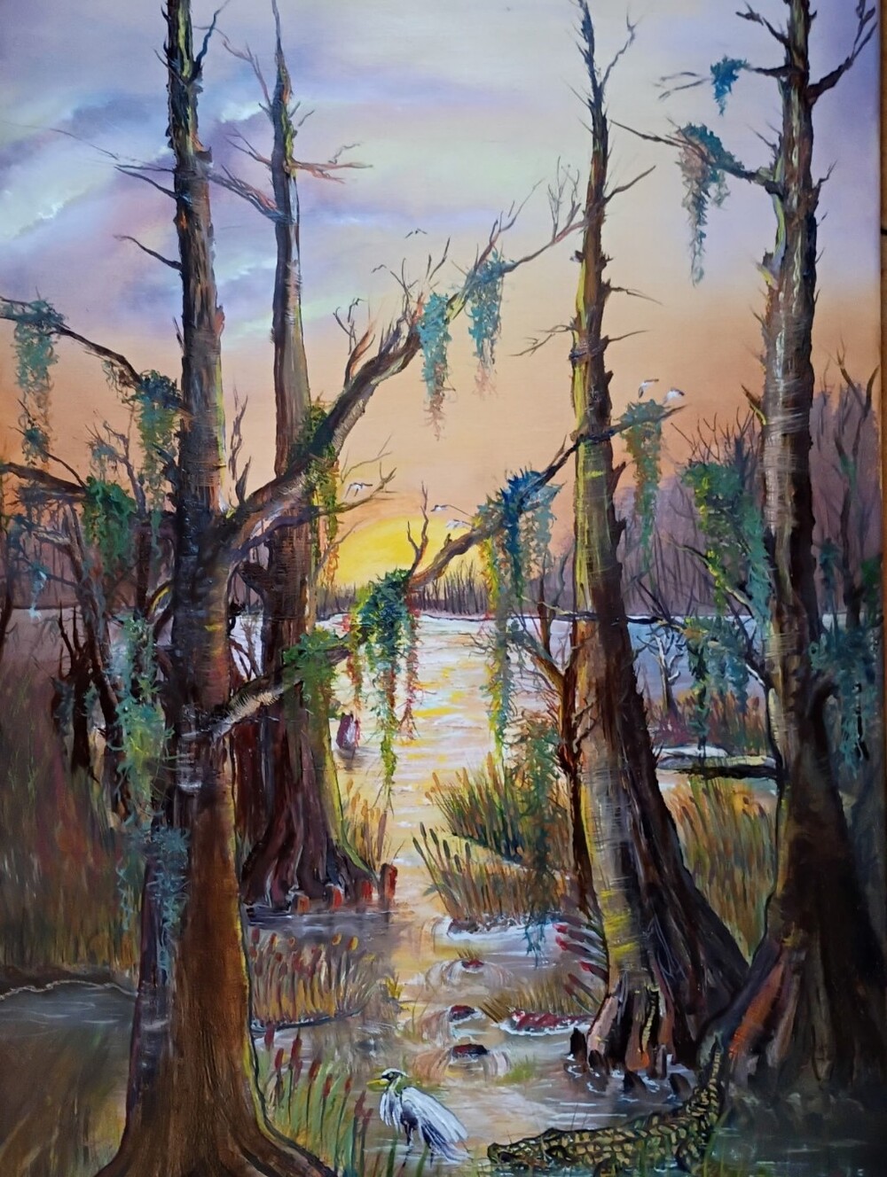 Sunset Cypress Swamp Painting Wall Art - Green & Brown